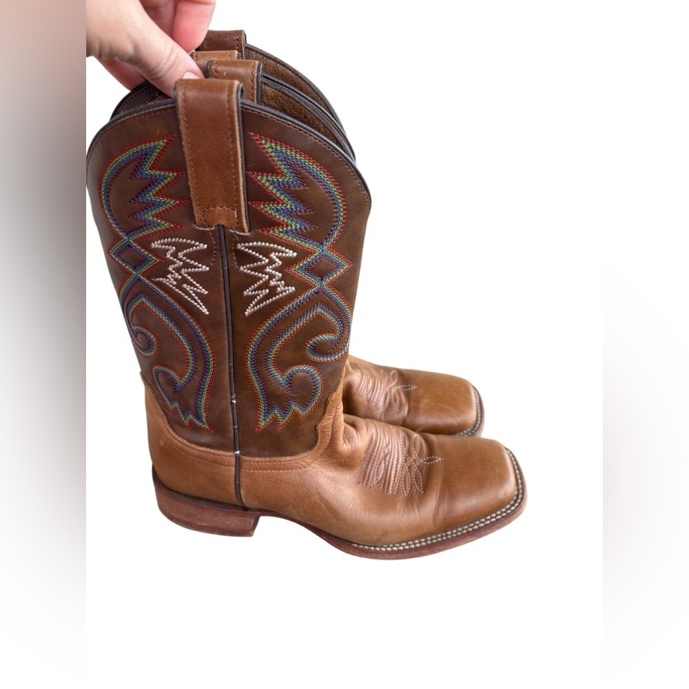 Nocona chestnut cowpoke western square toe leather boots sz 8.5 preloved - Picture 3 of 11